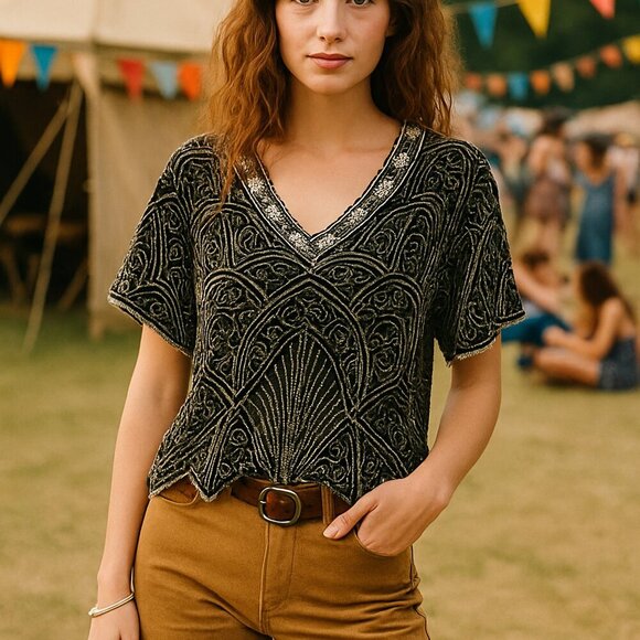 * Vintage black and silver beaded Art Deco blouse - Picture 1 of 11